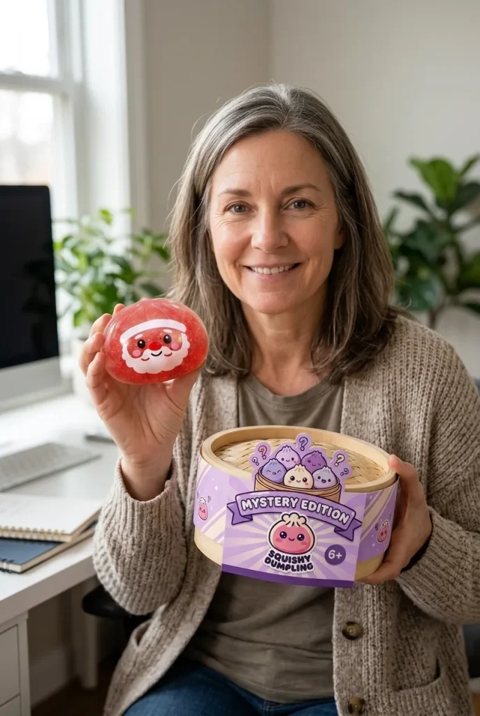 Dumpling Squishy Mystery Candy de Noël présenté avec sa boîte panier vapeur — photo client