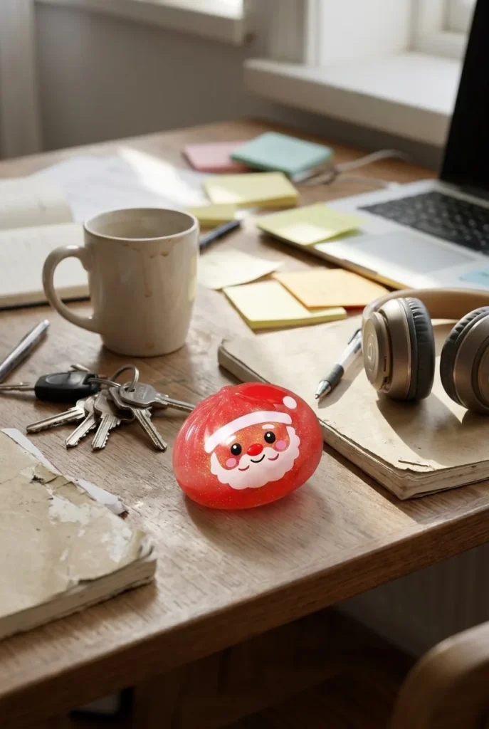 Dumpling Squishy Mystery Candy de Noël posé sur un bureau, dans le quotidien