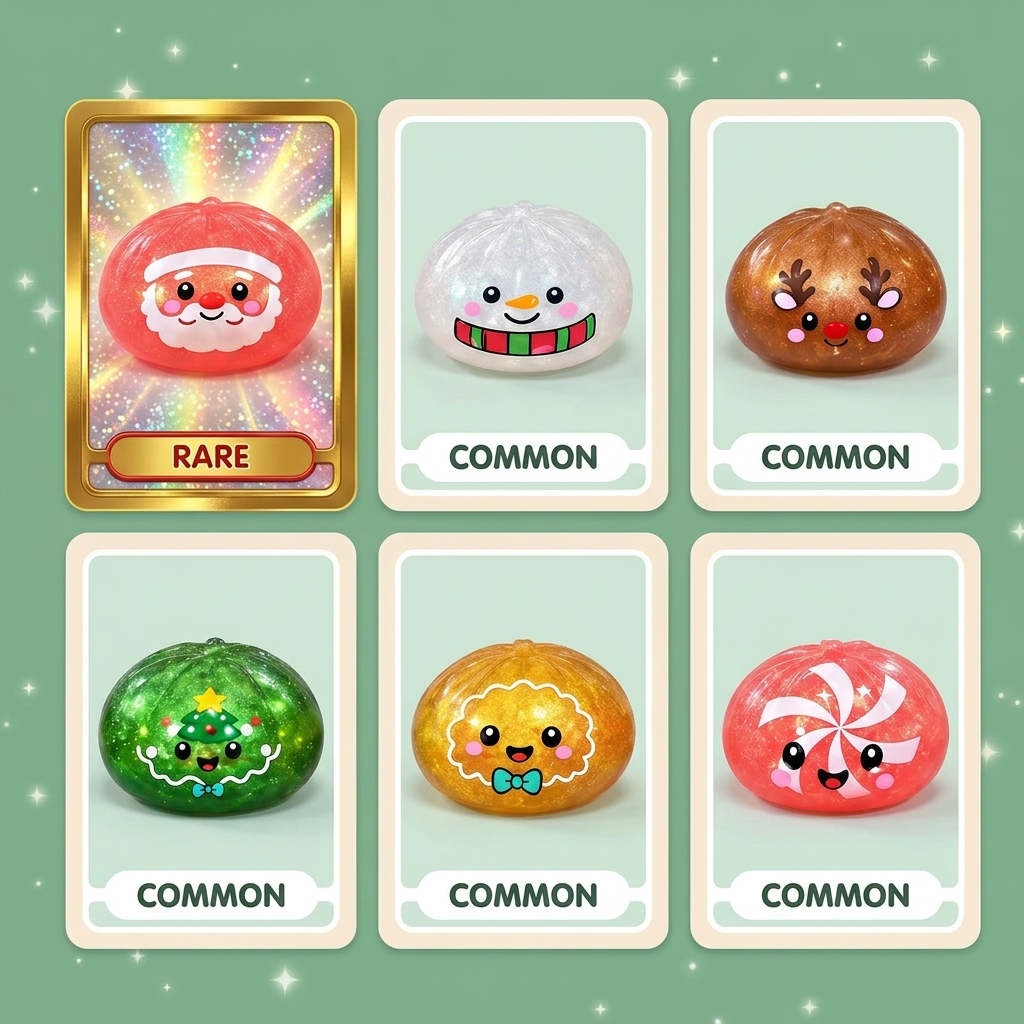Dumpling Squishy Mystery Candy de Noël — carte des raretés (commun, rare, ultra rare)