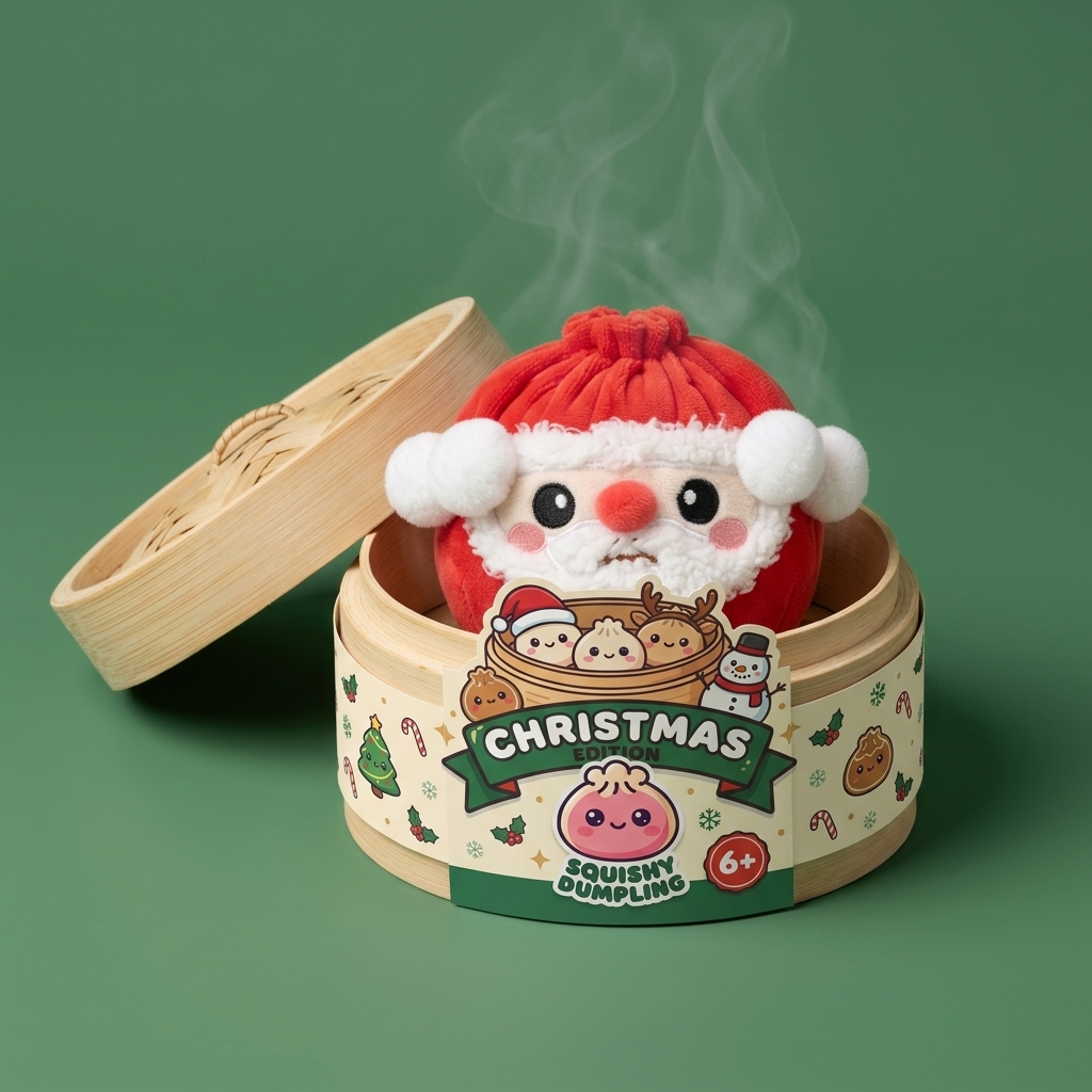 Squishy Dumpling Mystery Noël dans sa boîte panier vapeur façon bambou