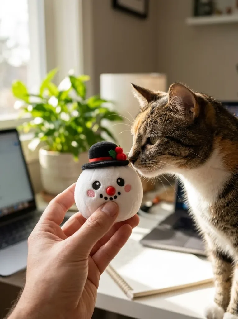 Squishy Dumpling Mystery Noël tenu près d'un animal de compagnie curieux