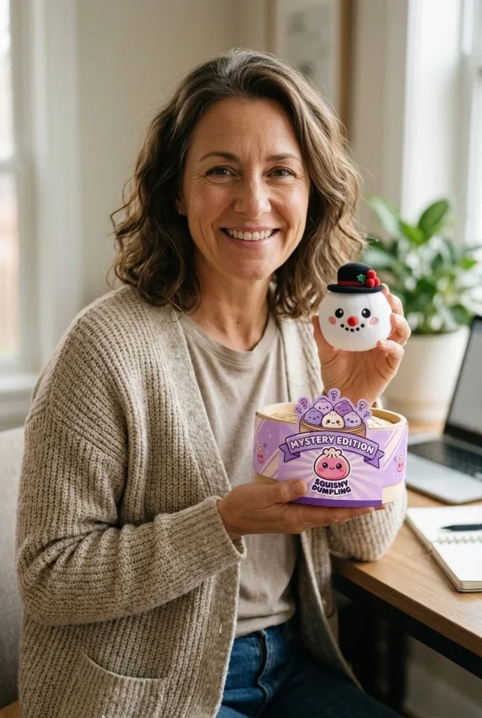 Squishy Dumpling Mystery Noël présenté avec sa boîte panier vapeur — photo client