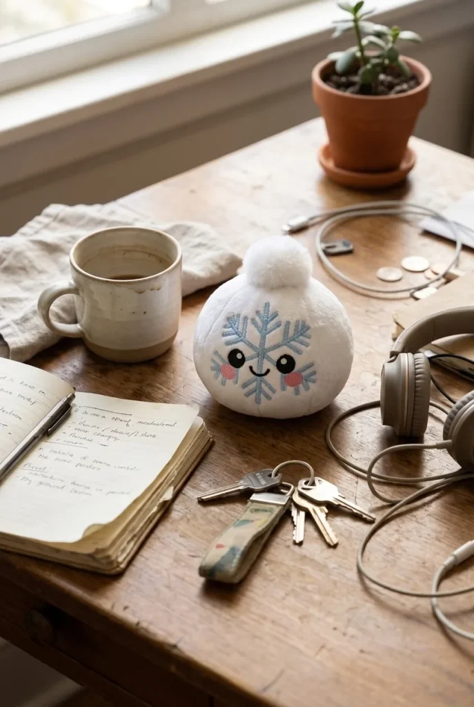Squishy Dumpling Mystery Noël posé sur un bureau, dans le quotidien