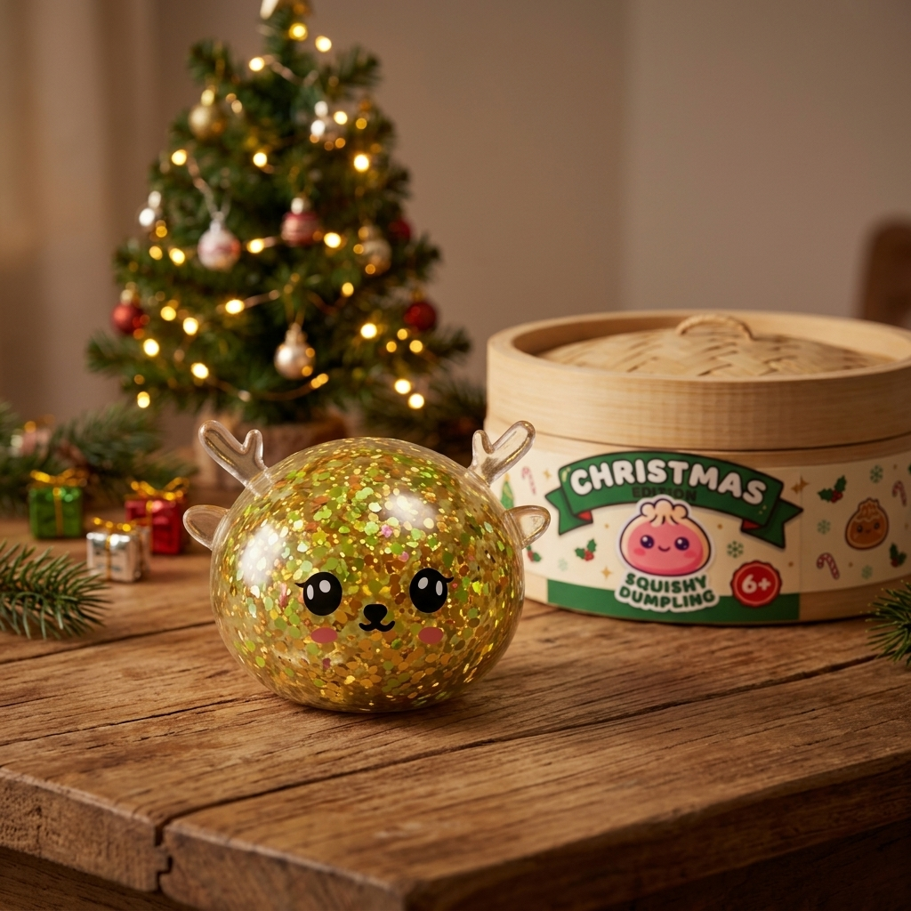 Squishy Dumpling Renne Mystery Scintillant en ambiance sur un bureau