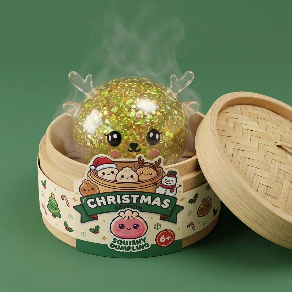 Squishy Dumpling Renne Mystery Scintillant dans sa boîte panier vapeur façon bambou