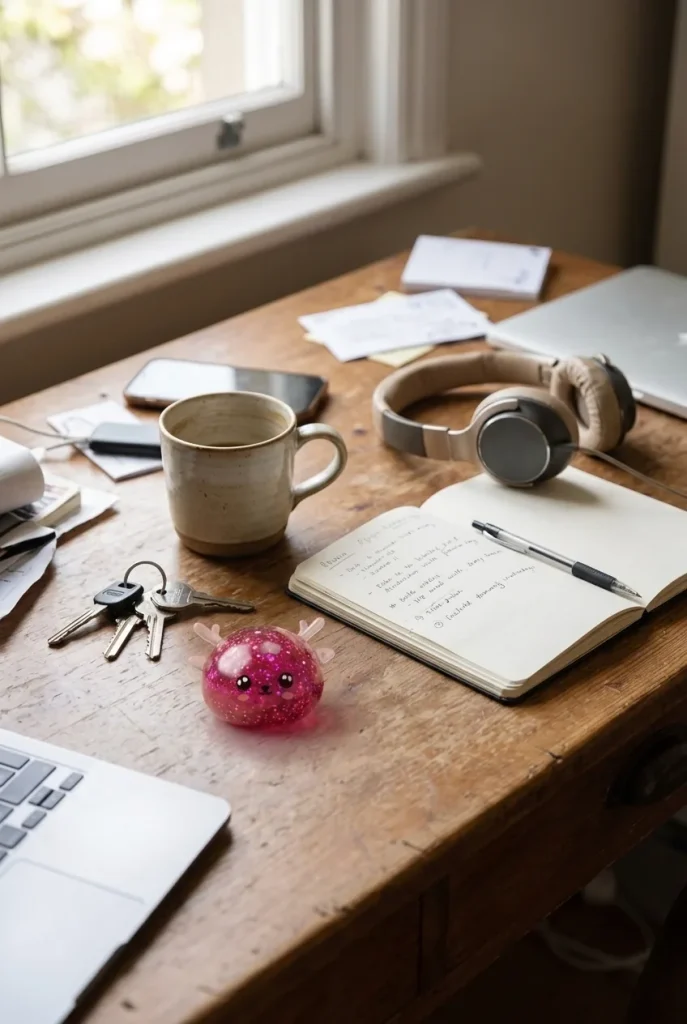 Squishy Dumpling Renne Mystery Scintillant posé sur un bureau, dans le quotidien