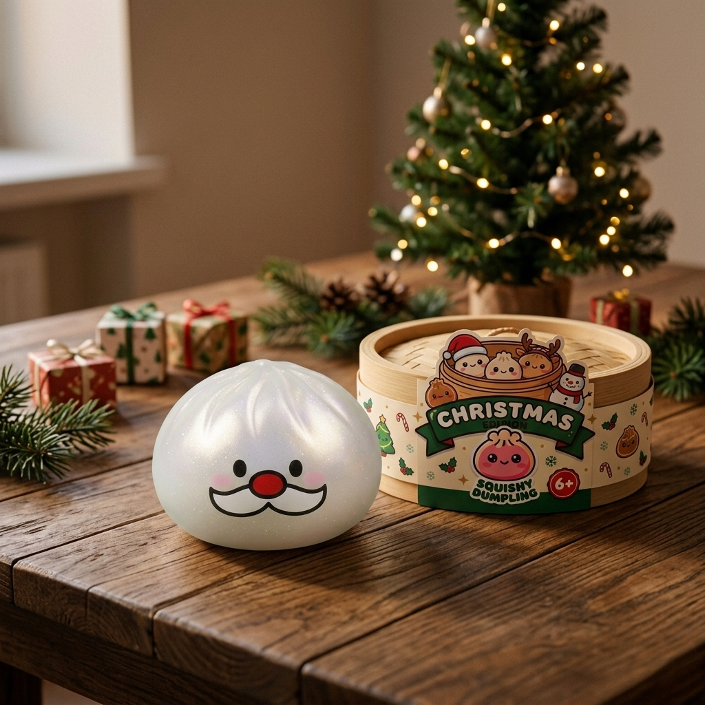 Squishy Dumpling Moustache Père Noël Mystery en ambiance sur un bureau