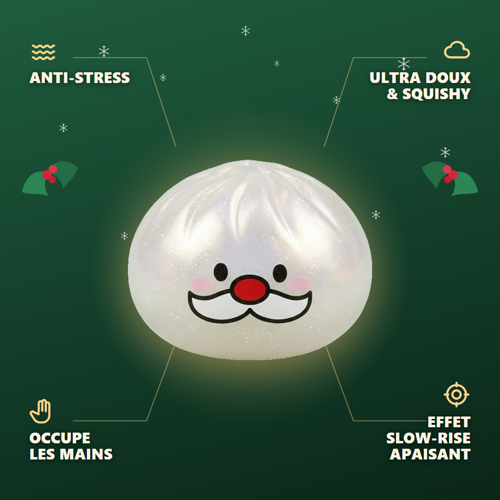 Squishy Dumpling Moustache Père Noël Mystery — anti-stress, ultra doux, effet slow-rise