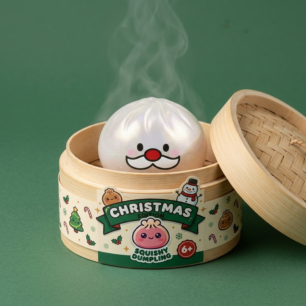Squishy Dumpling Moustache Père Noël Mystery dans sa boîte panier vapeur façon bambou