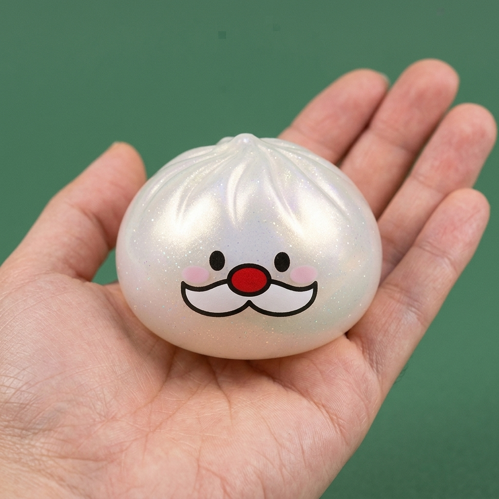 Squishy Dumpling Moustache Père Noël Mystery tenu en main, taille réelle