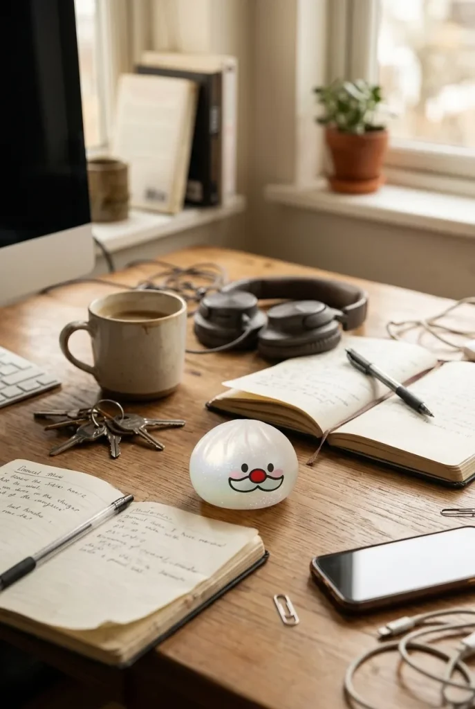 Squishy Dumpling Moustache Père Noël Mystery posé sur un bureau, dans le quotidien