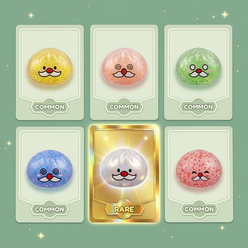 Squishy Dumpling Moustache Père Noël Mystery — carte des raretés (commun, rare, ultra rare)