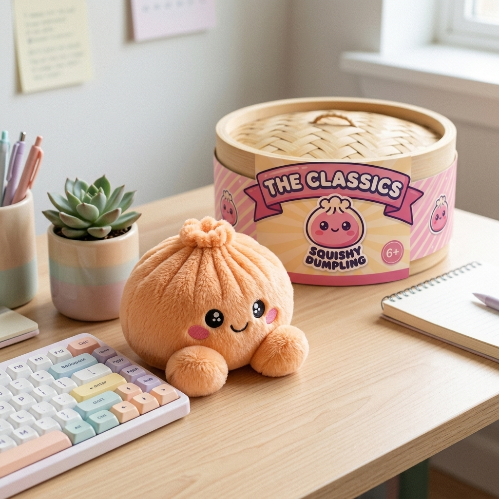 Squishy Dumpling Orange Mandarine en ambiance sur un bureau