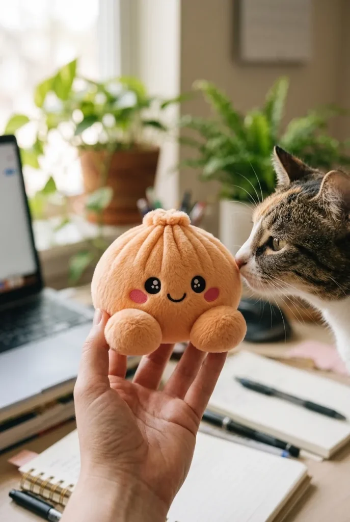 Squishy Dumpling Orange Mandarine tenu près d'un animal de compagnie curieux