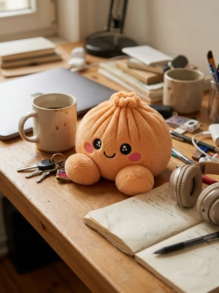 Squishy Dumpling Orange Mandarine posé sur un bureau, dans le quotidien