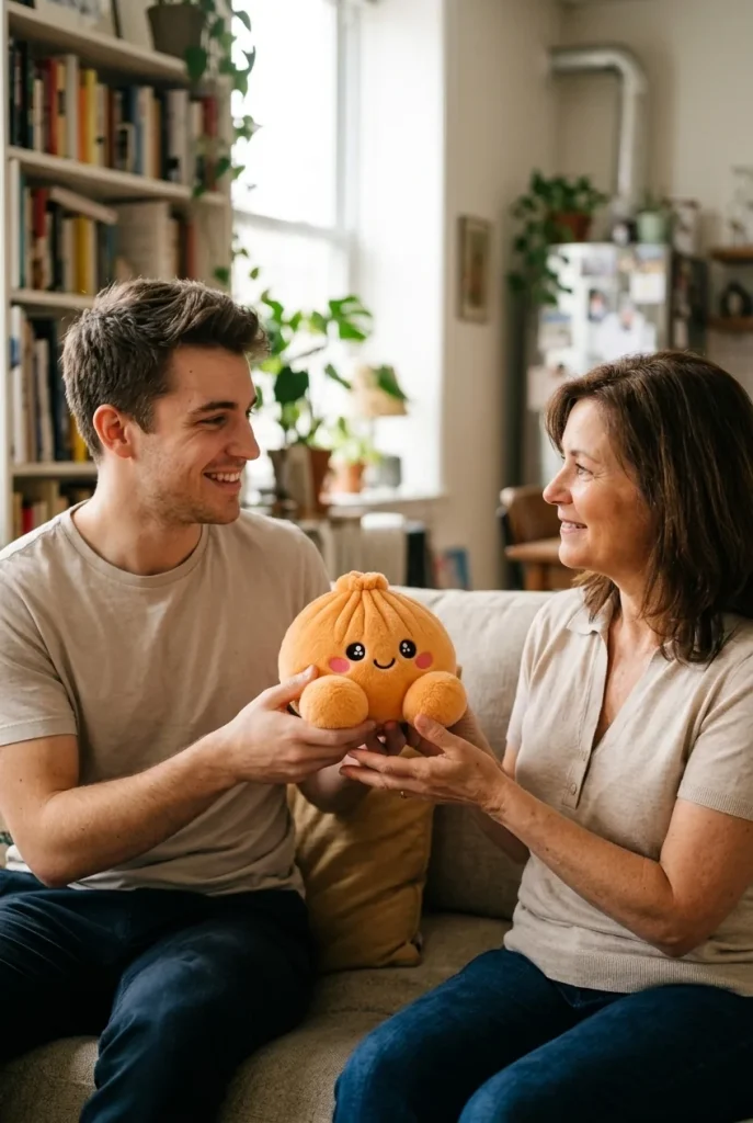 Squishy Dumpling Orange Mandarine offert en cadeau entre deux personnes