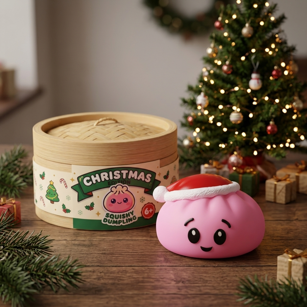 Squishy Dumpling Bonnet de Noël Rose Sucré en ambiance sur un bureau