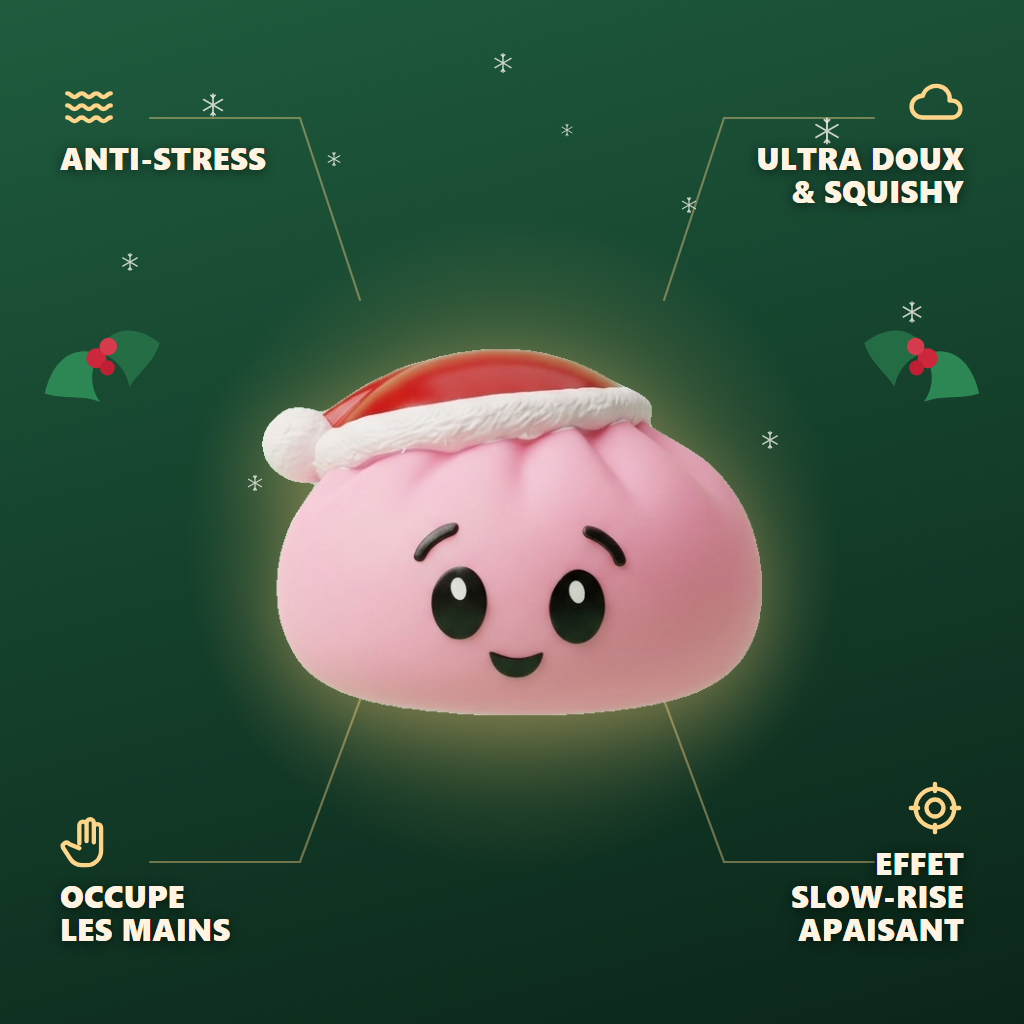 Squishy Dumpling Bonnet de Noël Rose Sucré — anti-stress, ultra doux, effet slow-rise
