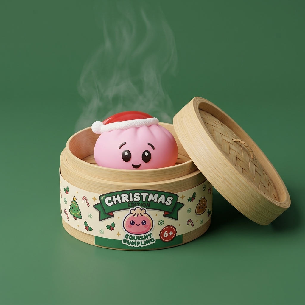 Squishy Dumpling Bonnet de Noël Rose Sucré dans sa boîte panier vapeur façon bambou
