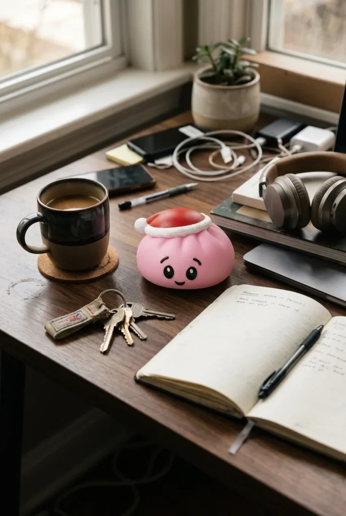 Squishy Dumpling Bonnet de Noël Rose Sucré posé sur un bureau, dans le quotidien