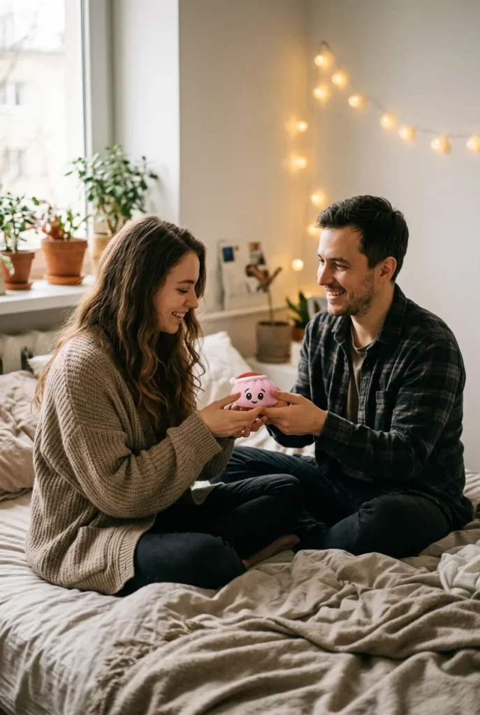 Squishy Dumpling Bonnet de Noël Rose Sucré offert en cadeau entre deux personnes