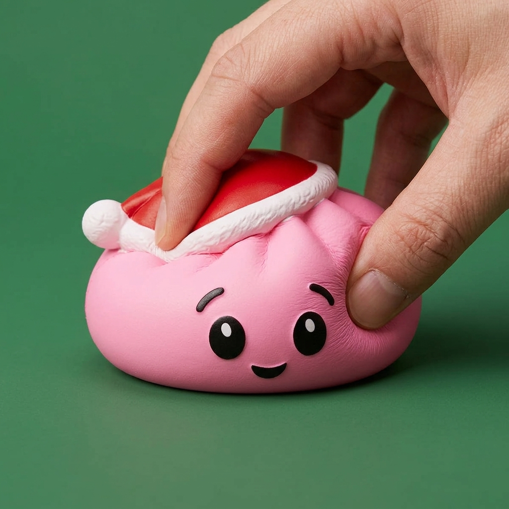 Squishy Dumpling Bonnet de Noël Rose Sucré — effet slow-rise, la mousse regonfle