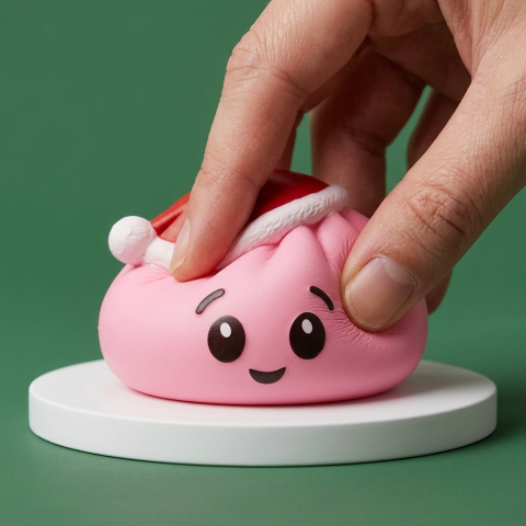 Squishy Dumpling Bonnet de Noël Rose Sucré pressé dans la main, matière squishy