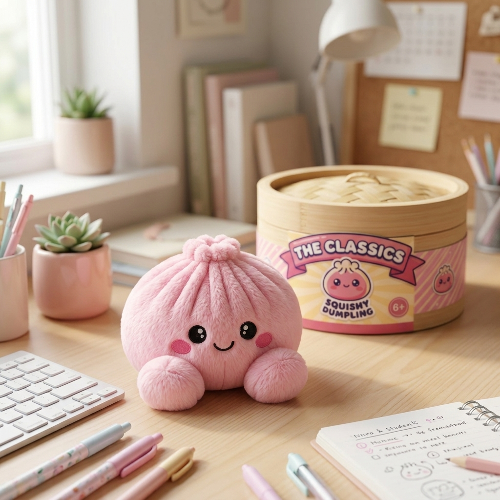 Dumpling Squishy Pivoine Rose en Peluche en ambiance sur un bureau