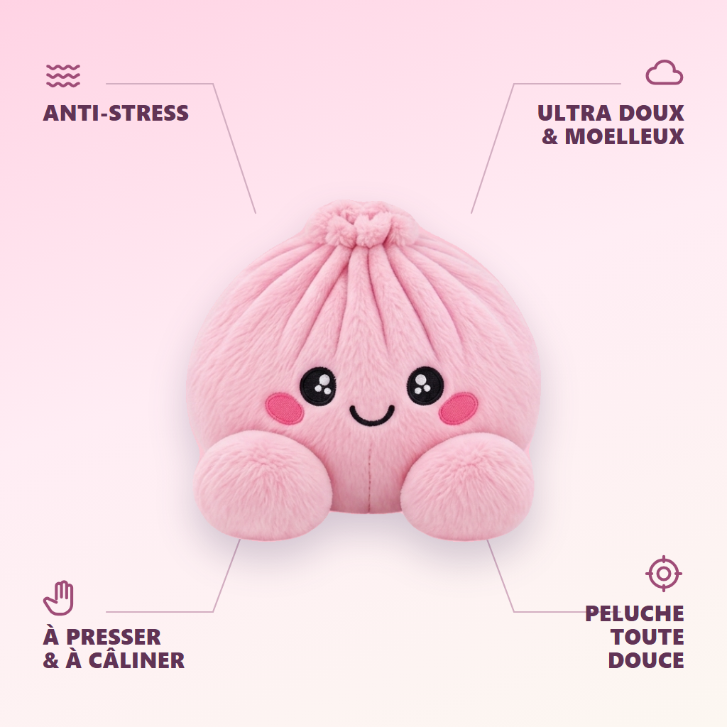 Dumpling Squishy Pivoine Rose en Peluche — anti-stress, ultra doux, effet slow-rise