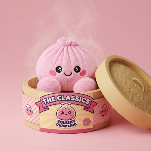 Dumpling Squishy Pivoine Rose en Peluche dans sa boîte panier vapeur façon bambou
