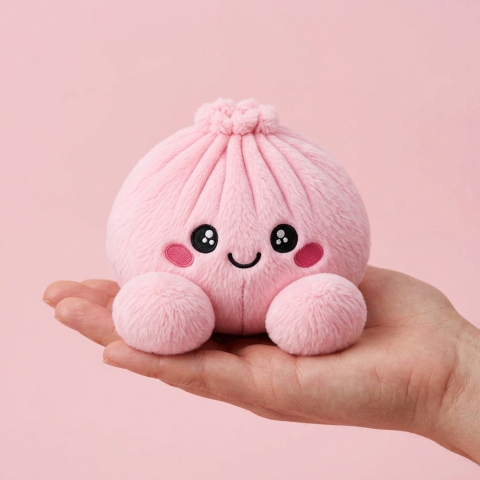 Dumpling Squishy Pivoine Rose en Peluche tenu en main, taille réelle