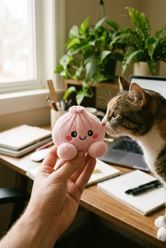Dumpling Squishy Pivoine Rose en Peluche tenu près d'un animal de compagnie curieux