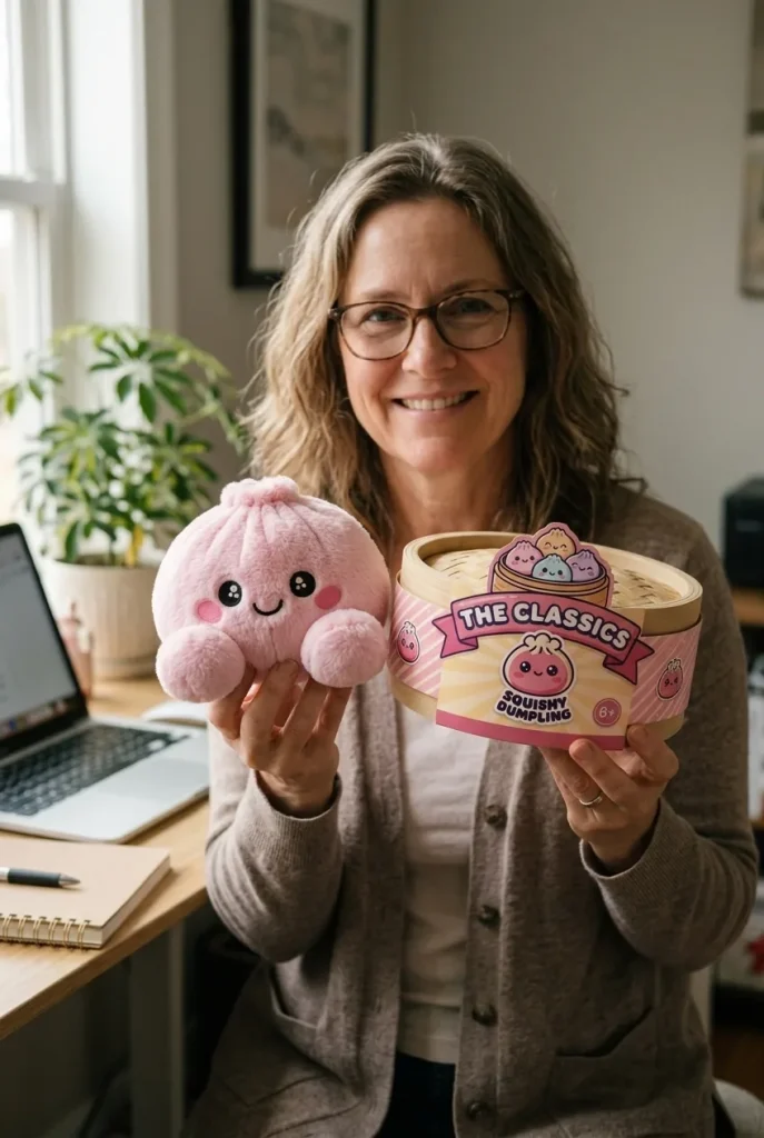 Dumpling Squishy Pivoine Rose en Peluche présenté avec sa boîte panier vapeur — photo client