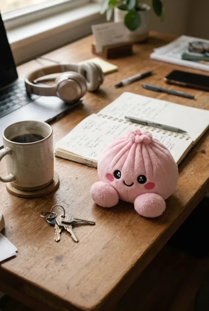 Dumpling Squishy Pivoine Rose en Peluche posé sur un bureau, dans le quotidien