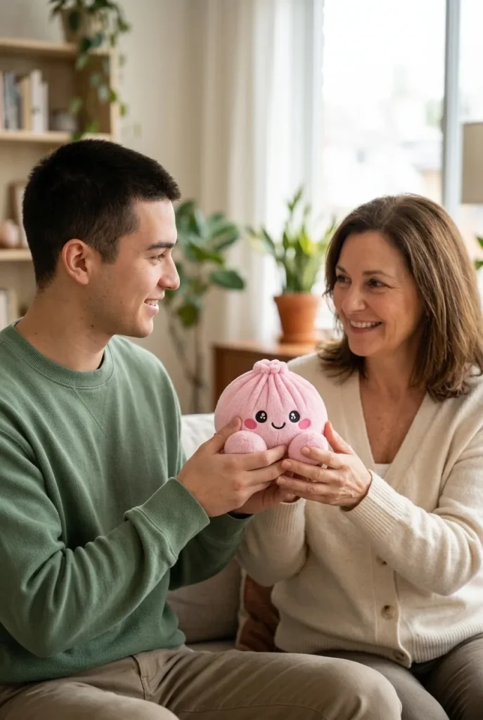 Dumpling Squishy Pivoine Rose en Peluche offert en cadeau entre deux personnes