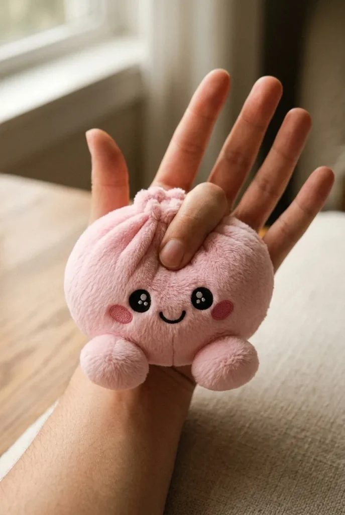 Dumpling Squishy Pivoine Rose en Peluche pressé dans la main — effet squishy slow-rise