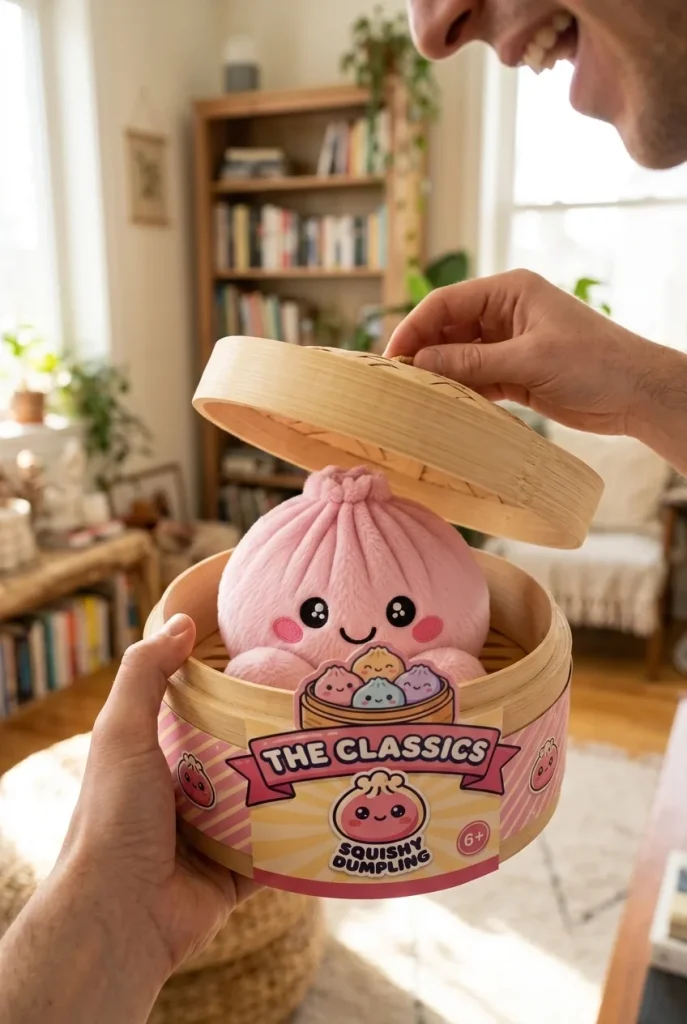 Déballage du Dumpling Squishy Pivoine Rose en Peluche — la boîte panier vapeur s'ouvre