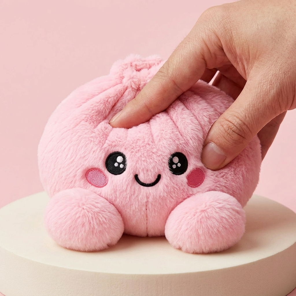 Dumpling Squishy Pivoine Rose en Peluche — effet slow-rise, la mousse regonfle