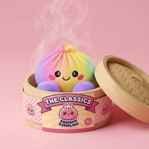 Squishy Dumpling Arc-en-ciel Pastel dans sa boîte panier vapeur façon bambou