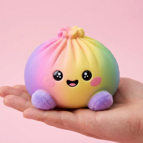 Squishy Dumpling Arc-en-ciel Pastel tenu en main, taille réelle