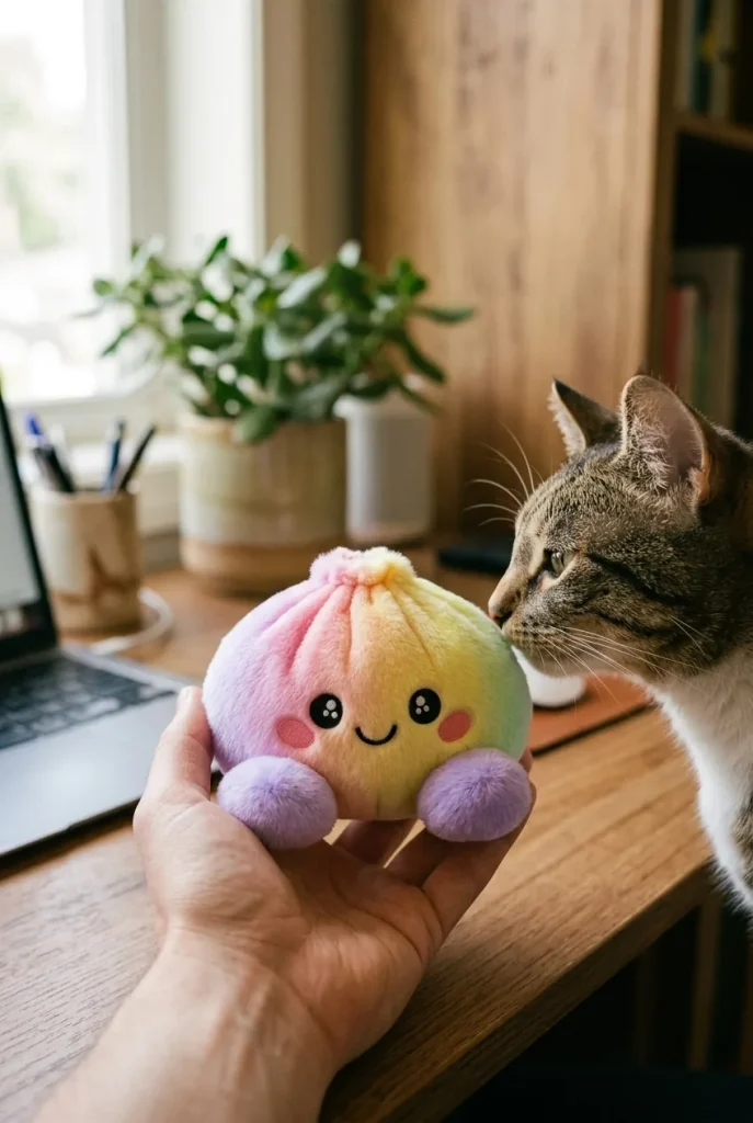 Squishy Dumpling Arc-en-ciel Pastel tenu près d'un animal de compagnie curieux