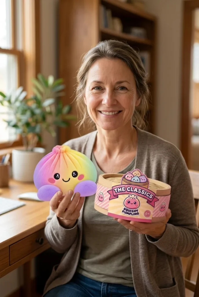 Squishy Dumpling Arc-en-ciel Pastel présenté avec sa boîte panier vapeur — photo client