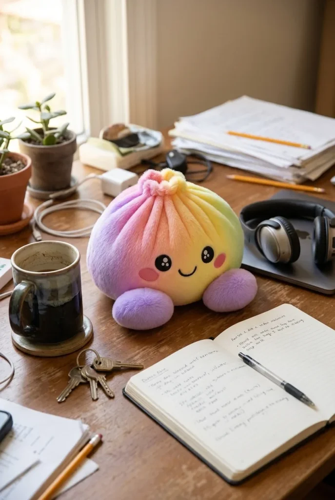 Squishy Dumpling Arc-en-ciel Pastel posé sur un bureau, dans le quotidien