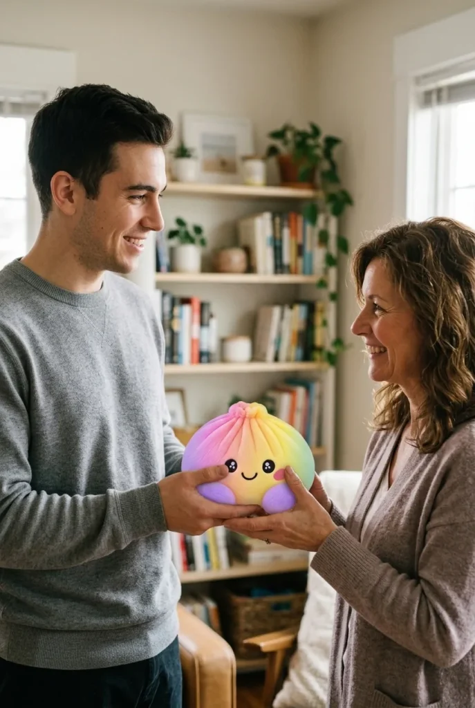 Squishy Dumpling Arc-en-ciel Pastel offert en cadeau entre deux personnes