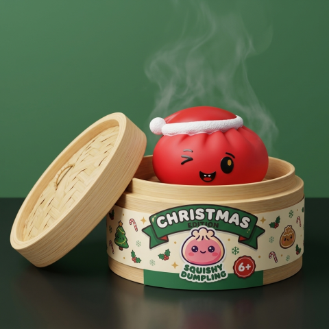 Squishy Dumpling Bonnet de Noël Rouge dans sa boîte panier vapeur façon bambou