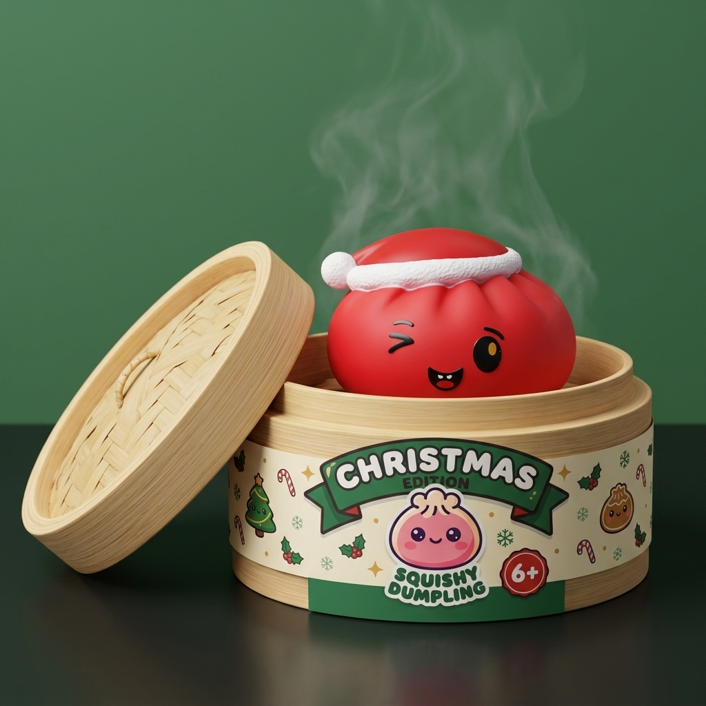 Squishy Dumpling Bonnet de Noël Rouge dans sa boîte panier vapeur façon bambou