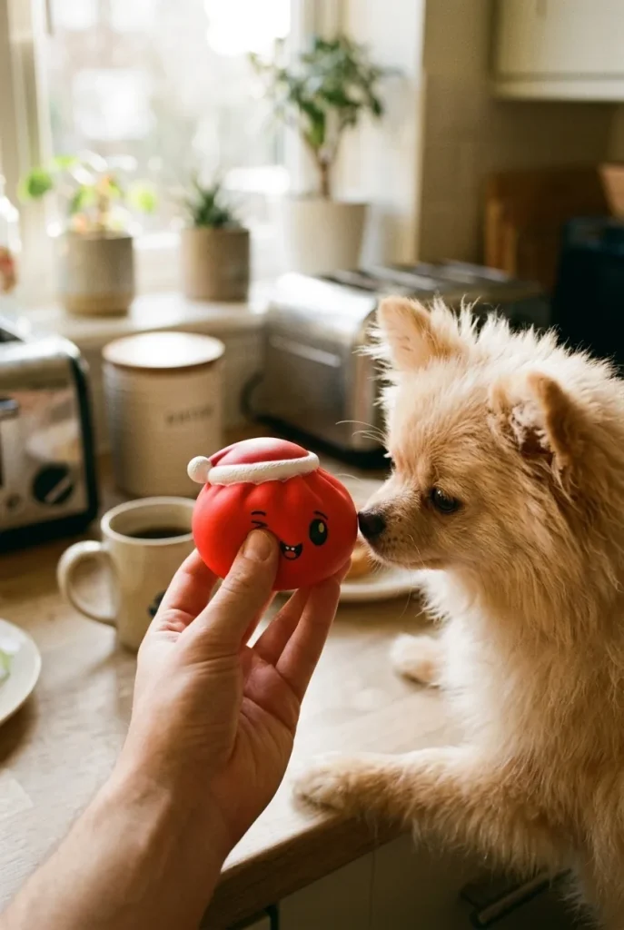Squishy Dumpling Bonnet de Noël Rouge tenu près d'un animal de compagnie curieux