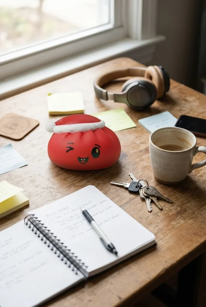 Squishy Dumpling Bonnet de Noël Rouge posé sur un bureau, dans le quotidien
