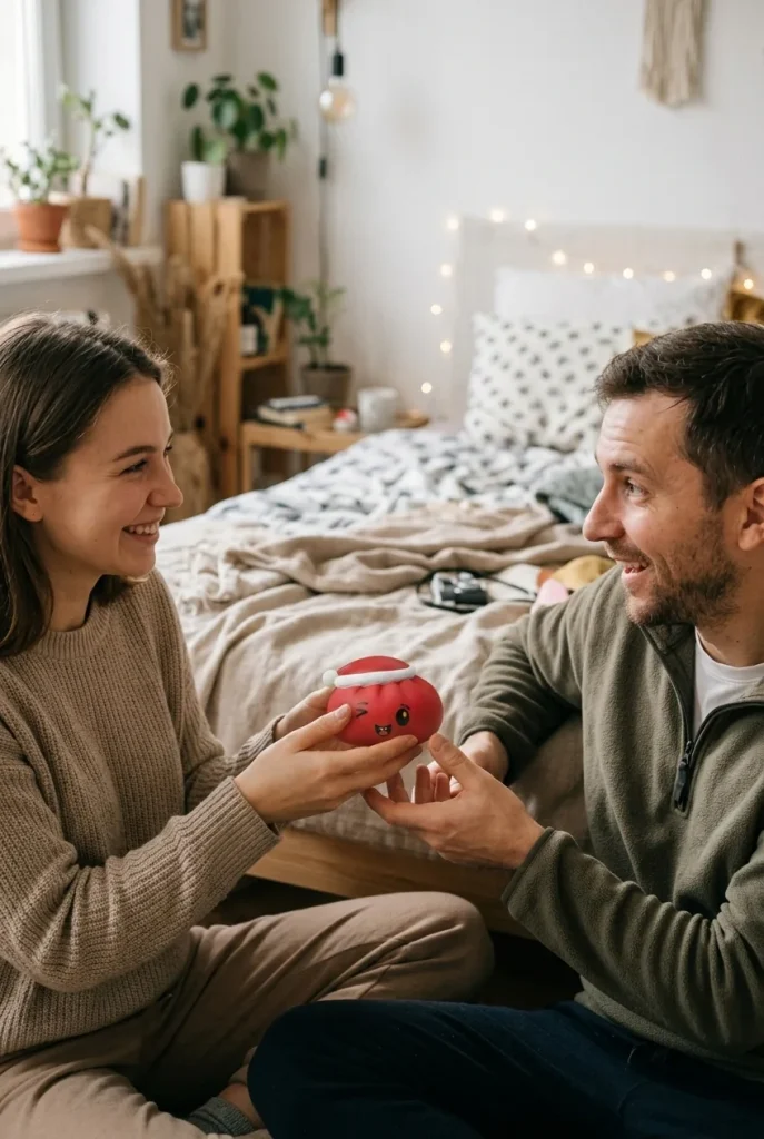 Squishy Dumpling Bonnet de Noël Rouge offert en cadeau entre deux personnes