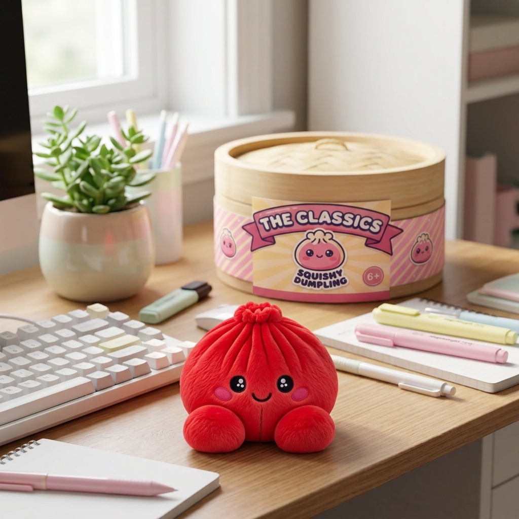 Squishy Dumpling Rouge Rubis Peluche en ambiance sur un bureau